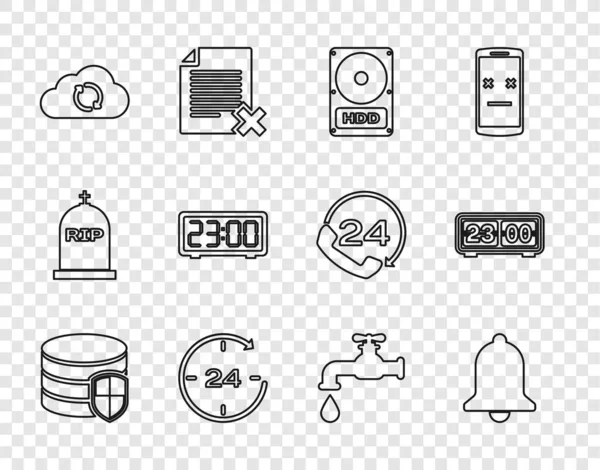 Set line Database protection, Ringing bell, Hard disk drive HDD, Clock 24 hours, Cloud sync refresh, Digital alarm clock, Water tap and Retro flip icon. Vector — Stock Vector