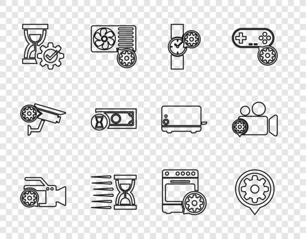 Set line Video camera setting, Setting, Wrist watch, Old hourglass with sand, Hourglass, Fast payments, Oven and icon. Vector — Stockový vektor