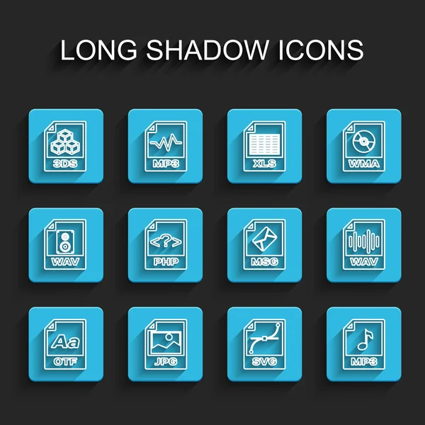 Set line OTF file document, JPG, 3DS, SVG, MP3, PHP, WAV and MSG icon. Vector — Stok Vektör