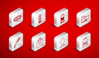 Set line Bottle with pills for potency, Dildo vibrator, Condom safe sex, Video camera Sex, Anal plug, Silicone ball gag, Shopping bag heart and Spanking paddle icon. Vector