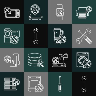 Set line Wrench, Washer service, Crossed screwdriver and wrench, Smartwatch, Video camera, Microwave oven and Blender icon. Vector