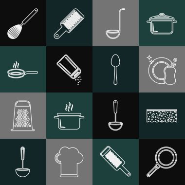 Set line Frying pan, Sponge with bubbles, Washing dishes, Kitchen ladle, Salt and pepper, whisk and Spoon icon. Vector