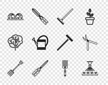 Set line Garden pitchfork, Automatic irrigation sprinklers, rake, Gardening handmade scissor, Watering can, and icon. Vector