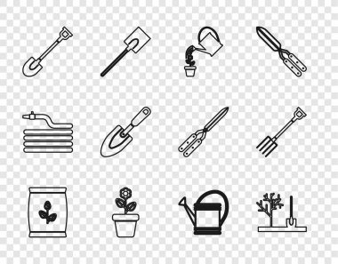 Set line Fertilizer bag, Planting tree in the ground, Watering can, Flower pot, Garden shovel, trowel spade or, and pitchfork icon. Vector