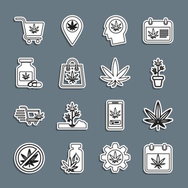 Set line Calendar and marijuana, Marijuana or cannabis leaf, plant in pot, Head profile with, Shopping bag, Medical bottle, cart and icon. Vector