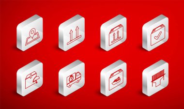 Set line Scanner scanning bar code, This side up, Cardboard box with traffic, Package check mark, Cargo ship boxes, Placeholder on map, Delivery truck and stopwatch and package umbrella icon. Vector
