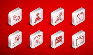 Set line Delivery box with fragile content, Scale cardboard, package umbrella, Warehouse, truck and clock, Plane and Search icon. Vector