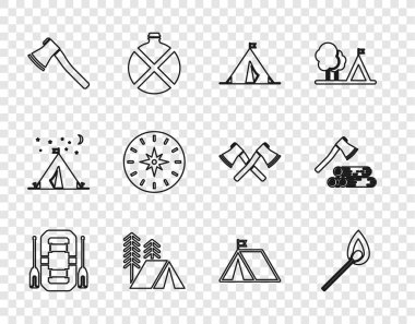 Set line Rafting boat, Burning match with fire, Tourist tent flag, Wooden axe, Compass, and and wood icon. Vector