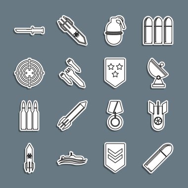 Set line Bullet, Nuclear bomb, Radar, Hand grenade, Rocket, Target sport, Military knife and Chevron icon. Vector