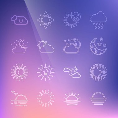 Set line Sunset, Eclipse of the sun, Moon and stars, cloud weather, Cloud with moon, and icon. Vector