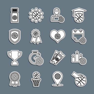 Set line Hand with basketball ball, Sports winner podium, Basketball on sport calendar, player, award, Shield the, game ticket and Heart icon. Vector