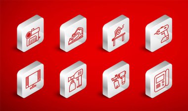 Set line House intercom system, Electric planer tool, Table saw for woodwork, cordless screwdriver, Nail gun, Air compressor, Paint spray and Smart Tv icon. Vector