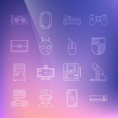 Set line Video game console, Microphone, Shield for, Alien, Chest, graphic card and Computer mouse icon. Vector