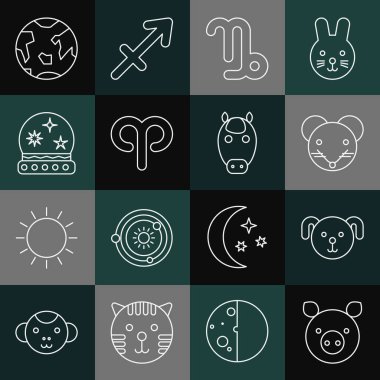 Set line Pig zodiac, Dog, Rat, Capricorn, Aries, Magic ball, Planet Earth and Horse icon. Vector