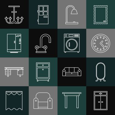 Set line Wardrobe, Big full length mirror, Clock, Table lamp, Water tap, Shower cabin, Chandelier and Washer icon. Vector