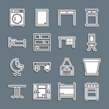 Set line Oven, Flower pot, Chair, Wooden table, Shelf, Bed, Washer and Office desk icon. Vector