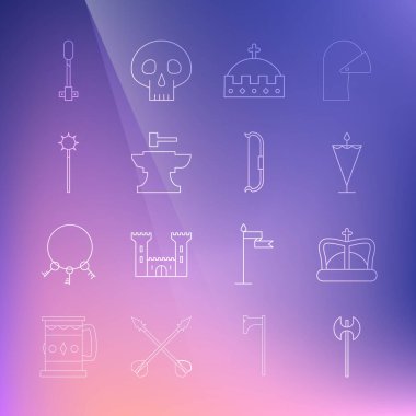 Set line Medieval axe, King crown, flag, Anvil for blacksmithing hammer, chained mace ball, Torch flame and bow icon. Vector