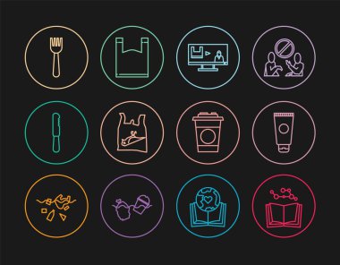 Set line Open book, Cream cosmetic tube, Stop plastic pollution, Dead bird,, Disposable knife, fork, Paper glass and Plastic bag icon. Vector