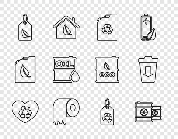 Set line Eco friendly heart, Radioactive waste in barrel, fuel canister, Toilet paper roll, Tag with leaf, Oil, recycle and Send to the trash icon. Vector — Wektor stockowy