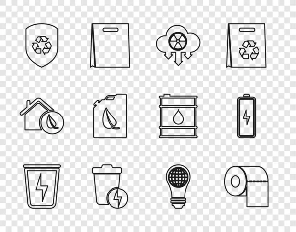 Set line Lightning with trash can, Toilet paper roll, Acid rain and radioactive cloud, Recycle inside shield, Bio fuel canister, bulb world globe and Battery icon. Vector — 图库矢量图片