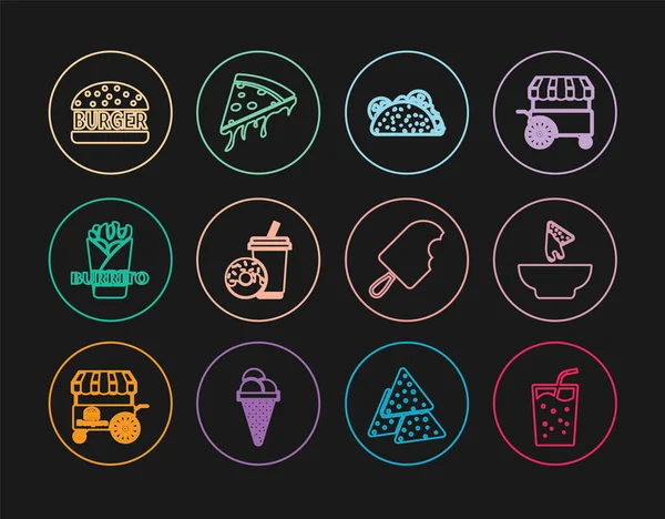 Set line Glass with water, Nachos in plate, Taco tortilla, Soda drink donut, Burrito, Burger, Ice cream and Slice of pizza icon. Vector —  Vetores de Stock