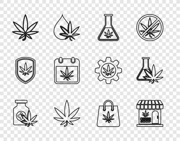 Set line Medical bottle with marijuana, Marijuana and cannabis store, Test tube, leaf, Calendar, Shopping bag of and icon. Vector — Stok Vektör