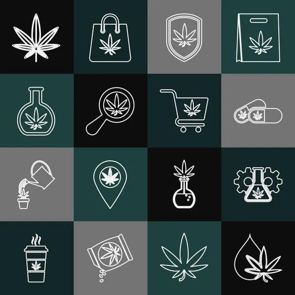Set line Marijuana or cannabis leaf oil, Test tube with marijuana, Medical pills, Shield and, Magnifying glass, and Shopping cart icon. Vector — Stockvector