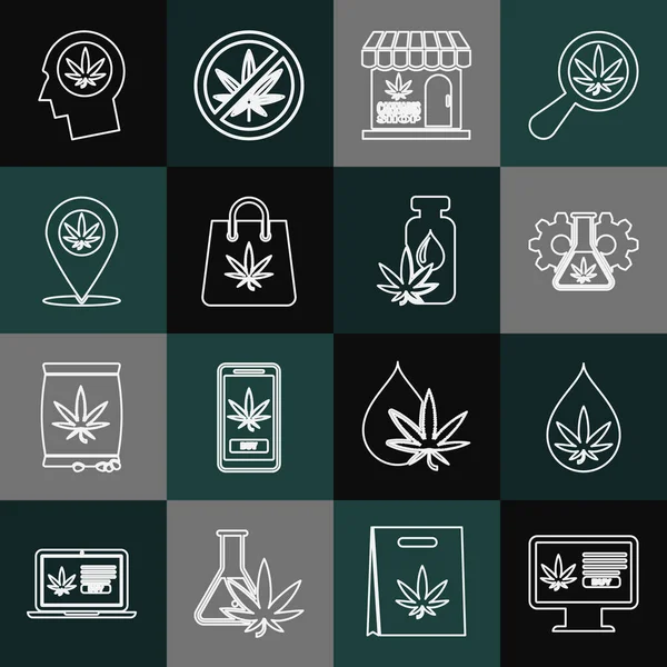 Set line Online buying marijuana, Marijuana or cannabis leaf oil, Test tube with, and store, Shopping bag of, Location, Head profile and icon. Vector — Stock vektor