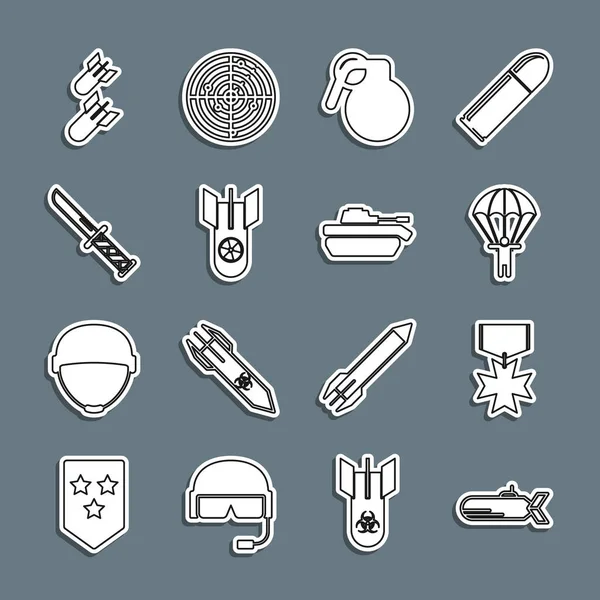 Set line Submarine, Military reward medal, Parachute, Hand grenade, Nuclear bomb, knife, Aviation and tank icon. Vector — Vettoriale Stock
