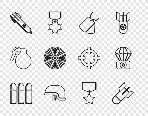 Set line Bullet, Aviation bomb, Military dog tags, helmet, Biohazard rocket, Radar with targets, reward medal and Parachute first aid kit icon. Vector — Stock Vector