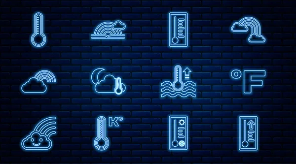 Set line Meteorology thermometer, Fahrenheit, Thermometer and cloud, moon, Rainbow with, Water and icon. Vector — Vetor de Stock