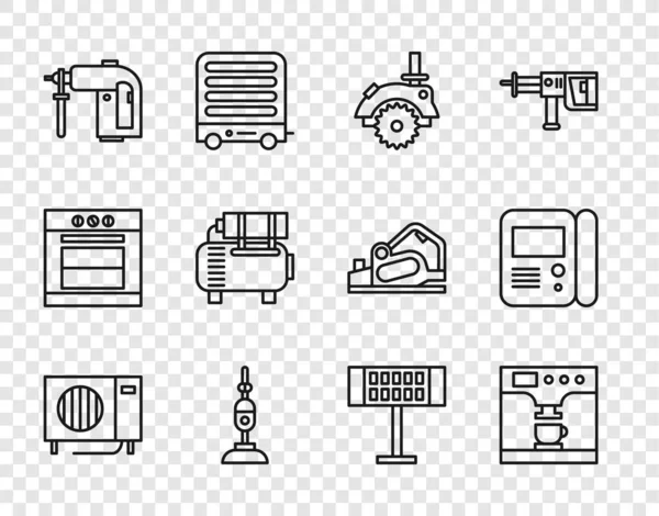 Set line Air conditioner, Coffee machine and cup, Electric circular saw, Vacuum cleaner, Rotary hammer drill, compressor, heater and House intercom system icon. Vector — Wektor stockowy