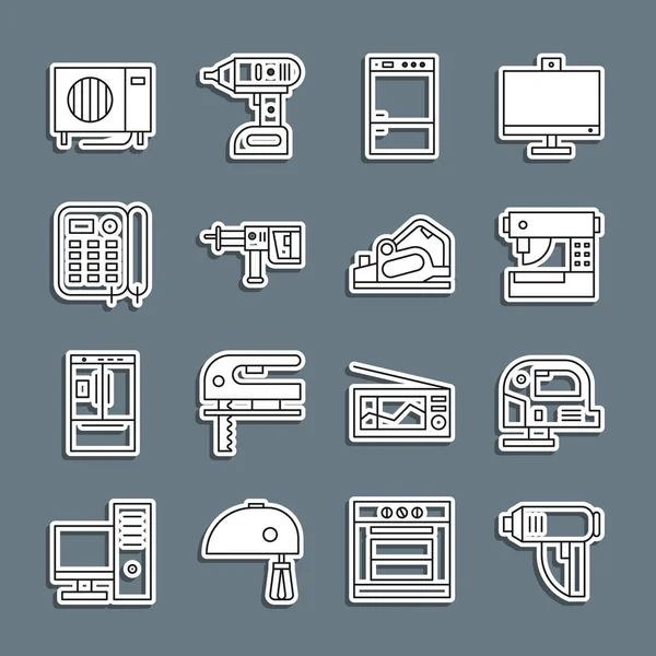 Set line Electric industrial dryer, jigsaw, Sewing machine, Refrigerator, Rotary hammer drill, Telephone, Air conditioner and planer tool icon. Vector — Stockvektor