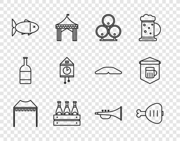 Set line Camping tent, Chicken leg, Wooden barrels, Pack of beer bottles, Fish, Retro wall watch, Musical instrument trumpet and Signboard with glass icon. Vector — стоковий вектор