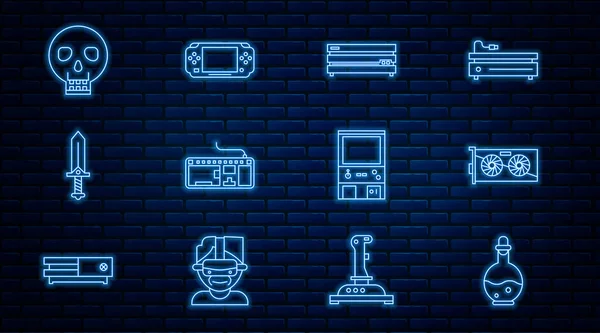 Set line Bottle with magic elixir, Video graphic card, game console, Computer keyboard, Sword for, Skull, Retro arcade machine and Portable video icon. Vector — Διανυσματικό Αρχείο