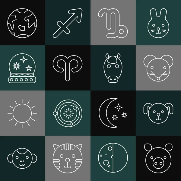 Set line Pig zodiac, Dog, Rat, Capricorn, Aries, Magic ball, Planet Earth and Horse icon. Vector — Stok Vektör