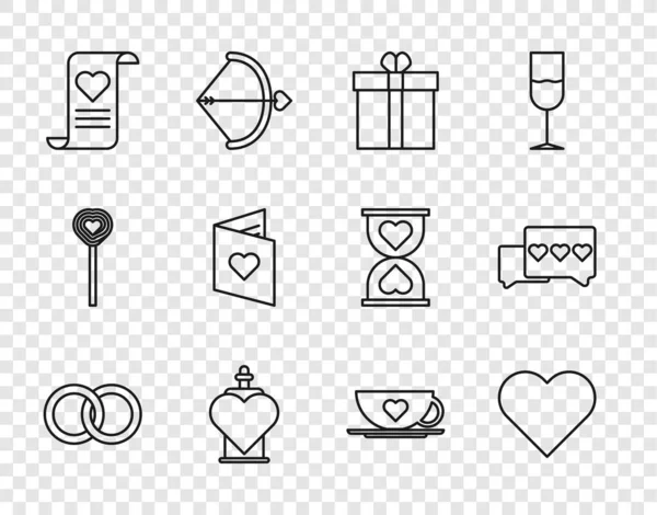 Set line Wedding rings, Heart, Gift box and heart, Bottle with love potion, Envelope Valentine, Valentines day flyer, Coffee cup and Like icon. Vector — стоковый вектор
