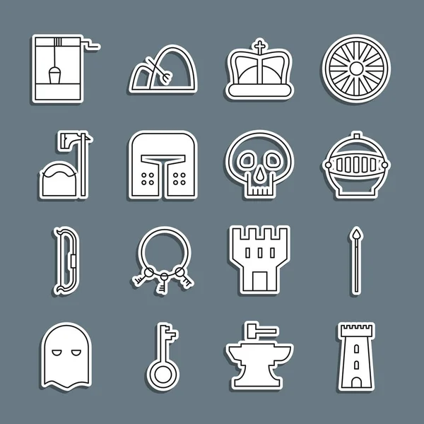 Set line Castle tower, Medieval spear, iron helmet, King crown, Executioner axe tree block, Well with bucket and Skull icon. Vector — Image vectorielle