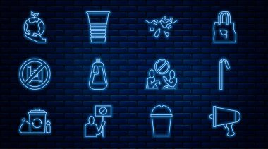 Set line Spread the word, Drinking plastic straw, Problem of pollution planet, Bottle for dishwashing liquid, Say no to bags poster, Hand holding Earth globe, Stop and Paper glass icon. Vector