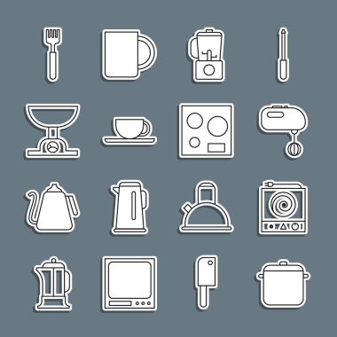 Set line Cooking pot, Electric stove, mixer, Blender, Coffee cup, Electronic scales, Fork and icon. Vector