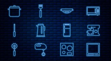 Set line Electronic scales, Electric mixer, Kitchen colander, Kettle with handle, Knife sharpener, Cooking pot, Refrigerator and Fork icon. Vector
