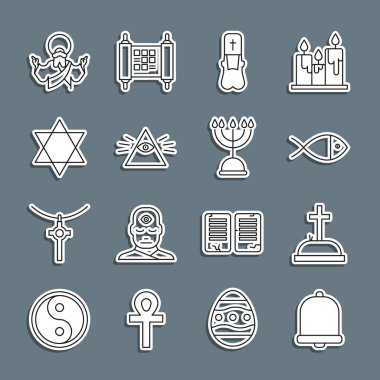 Set line Church bell, Tombstone with cross, Christian fish, Priest, Masons, Star of David, Jesus and Hanukkah menorah icon. Vector