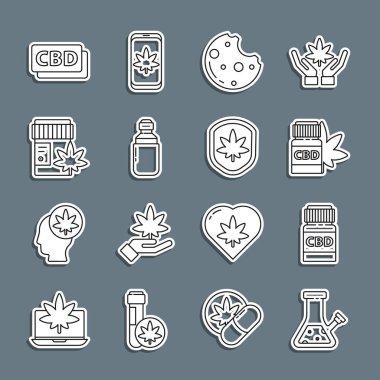 Set line Glass bong for smoking cannabis, Medical bottle with, marijuana, Cookies, Marijuana olive oil, Cannabis molecule and Shield and leaf icon. Vector