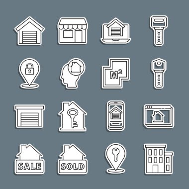 Set line House, Online real estate house, key, Man dreaming about buying, Location lock, Garage and plan icon. Vector