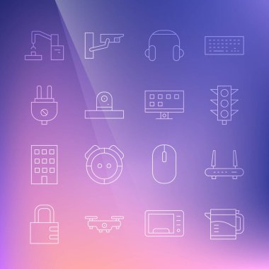 Set line Electric kettle, Router and wi-fi signal, Traffic light, Headphones, Security camera, plug, Robotic robot arm hand factory and Smart Tv icon. Vector