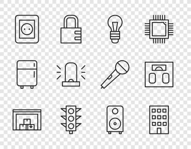 Set line Warehouse, House, Light bulb, Traffic light, Electrical outlet, Flasher siren, Stereo speaker and Bathroom scales icon. Vector