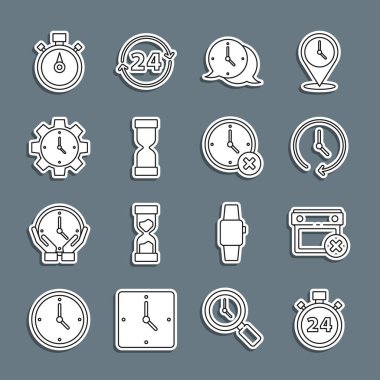 Set line Stopwatch 24 hours, Calendar date delete, Clock, speech bubble, Old hourglass, Time Management, and icon. Vector