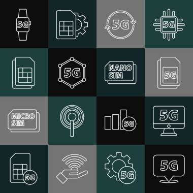Set line Location 5G network, Monitor with, Sim Card, card, Smart watch and Nano icon. Vector