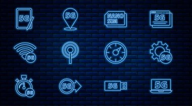 Set line Laptop with 5G network, Setting, Nano Sim Card, Antenna, Graphic tablet, Digital speed meter and Location icon. Vector