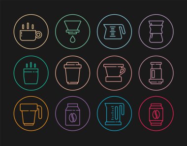 Set line Bag of coffee beans, Aeropress, Coffee pot, cup to go, V60 maker and icon. Vector